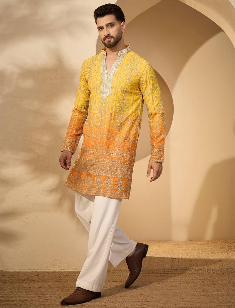 Yellow georgette embroidered kurta with trouser set | v-neck ethnic wear for men