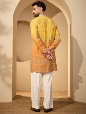 Yellow georgette embroidered kurta with trouser set | v-neck ethnic wear for men 4