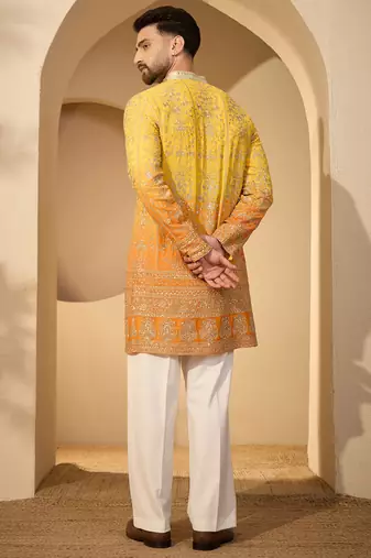 Yellow georgette embroidered kurta with trouser set | v-neck ethnic wear for men