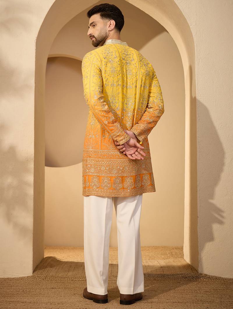 Yellow georgette embroidered kurta with trouser set | v-neck ethnic wear for men