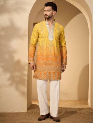 Yellow georgette embroidered kurta with trouser set | v-neck ethnic wear for men 5