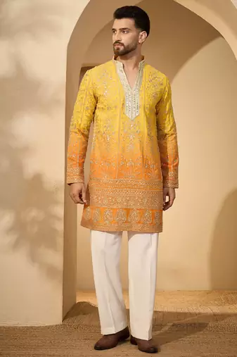 Yellow georgette embroidered kurta with trouser set | v-neck ethnic wear for men