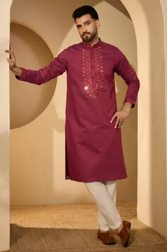 Fuchsia jacquard embroidered kurta with trouser set | mandarin collar ethnic wear for men