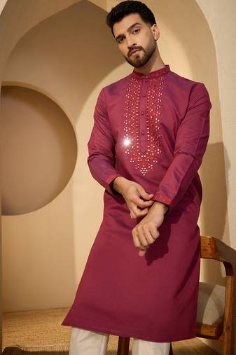 Fuchsia jacquard embroidered kurta with trouser set | mandarin collar ethnic wear for men