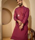 Fuchsia jacquard embroidered kurta with trouser set | mandarin collar ethnic wear for men