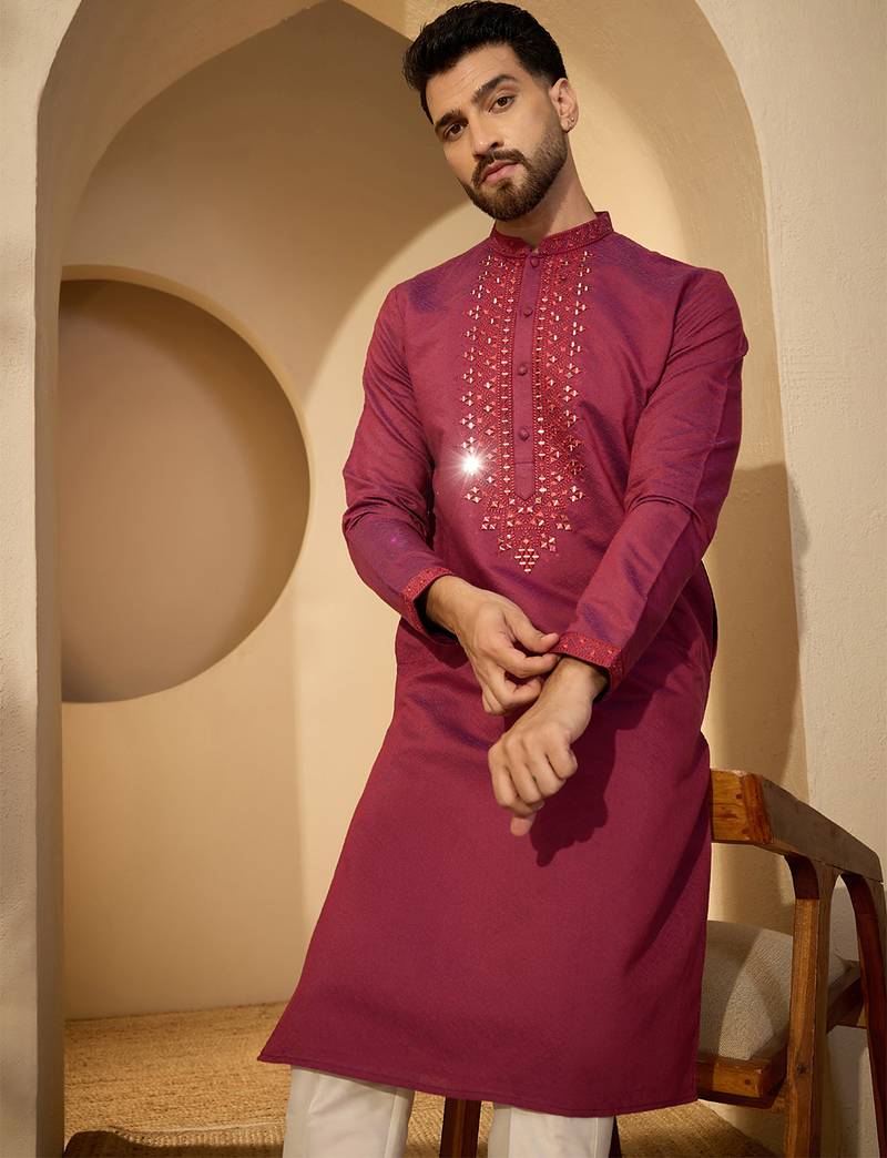 Fuchsia jacquard embroidered kurta with trouser set | mandarin collar ethnic wear for men