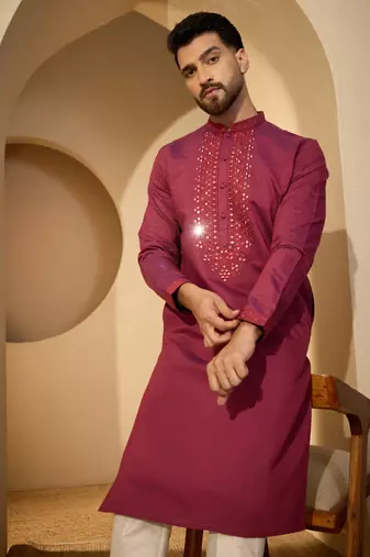 Fuchsia jacquard embroidered kurta with trouser set | mandarin collar ethnic wear for men