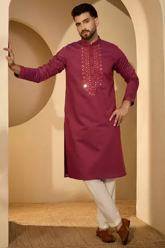 Fuchsia jacquard embroidered kurta with trouser set | mandarin collar ethnic wear for men