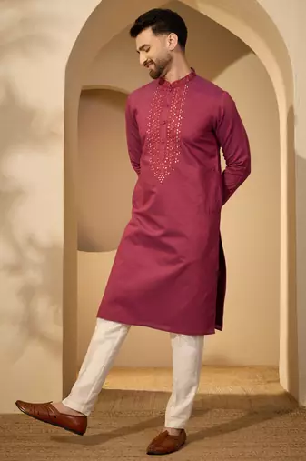 Fuchsia jacquard embroidered kurta with trouser set | mandarin collar ethnic wear for men