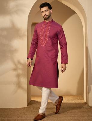 Fuchsia jacquard embroidered kurta with trouser set | mandarin collar ethnic wear for men 3