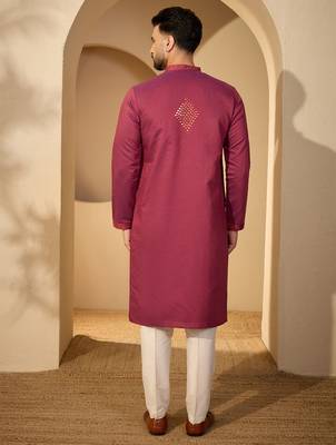 Fuchsia jacquard embroidered kurta with trouser set | mandarin collar ethnic wear for men 4