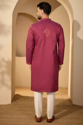 Fuchsia jacquard embroidered kurta with trouser set | mandarin collar ethnic wear for men