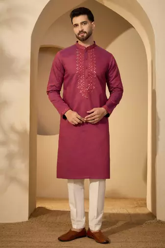 Fuchsia jacquard embroidered kurta with trouser set | mandarin collar ethnic wear for men