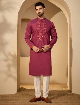 Fuchsia jacquard embroidered kurta with trouser set | mandarin collar ethnic wear for men 5