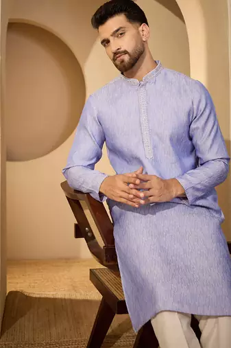 Blue jacquard woven design kurta with trouser set | mandarin collar ethnic wear for men