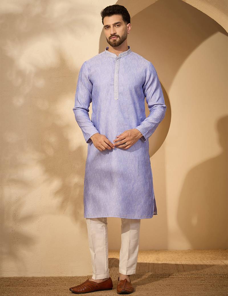 Blue jacquard woven design kurta with trouser set | mandarin collar ethnic wear for men