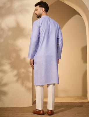 Blue jacquard woven design kurta with trouser set | mandarin collar ethnic wear for men 4