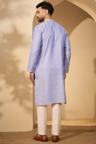 Blue jacquard woven design kurta with trouser set | mandarin collar ethnic wear for men