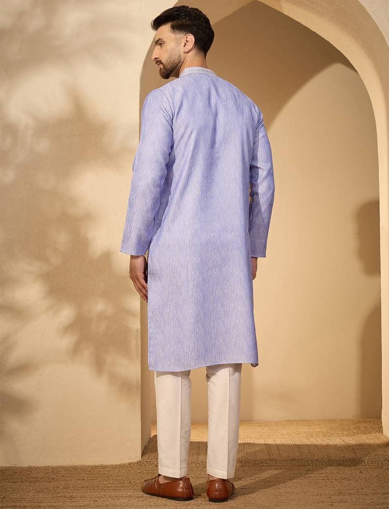 Blue jacquard woven design kurta with trouser set | mandarin collar ethnic wear for men