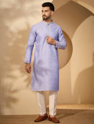 Blue jacquard woven design kurta with trouser set | mandarin collar ethnic wear for men 5