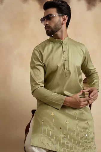 Green silk blend embroidered kurta with trouser set | mandarin collar ethnic wear for men