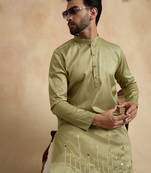 Green silk blend embroidered kurta with trouser set | mandarin collar ethnic wear for men