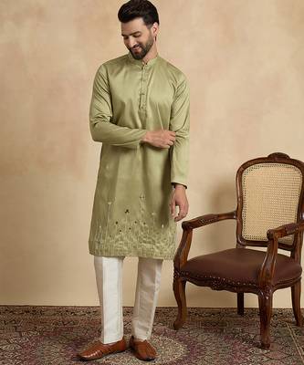 Green silk blend embroidered kurta with trouser set | mandarin collar ethnic wear for men 2