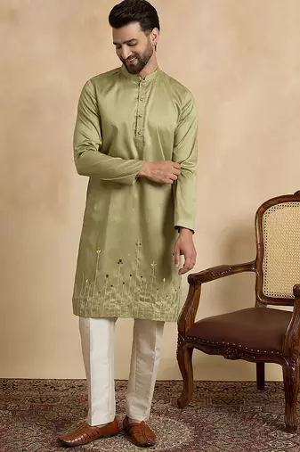 Green silk blend embroidered kurta with trouser set | mandarin collar ethnic wear for men