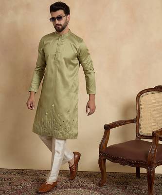 Green silk blend embroidered kurta with trouser set | mandarin collar ethnic wear for men 3