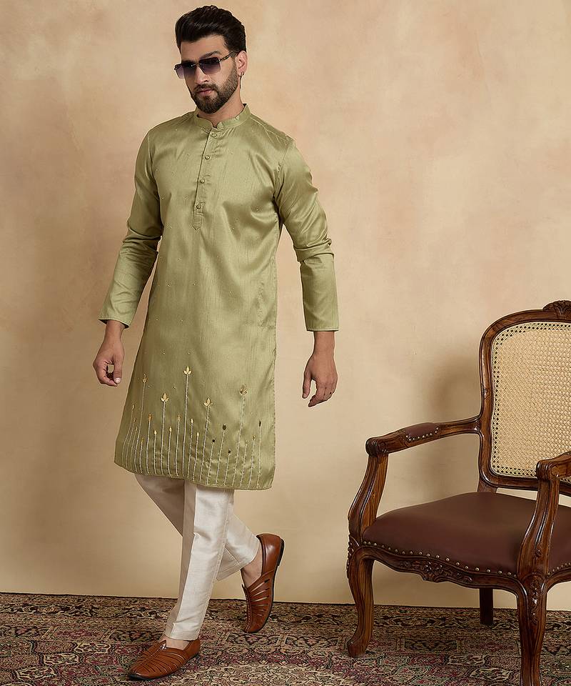 Green silk blend embroidered kurta with trouser set | mandarin collar ethnic wear for men