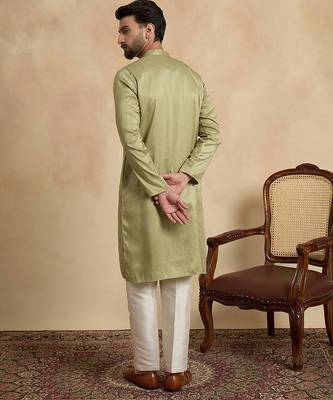 Green silk blend embroidered kurta with trouser set | mandarin collar ethnic wear for men 4