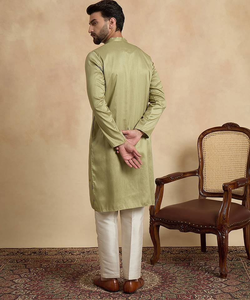 Green silk blend embroidered kurta with trouser set | mandarin collar ethnic wear for men