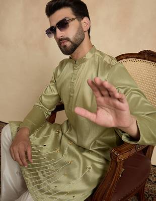 Green silk blend embroidered kurta with trouser set | mandarin collar ethnic wear for men 5