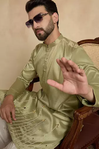 Green silk blend embroidered kurta with trouser set | mandarin collar ethnic wear for men