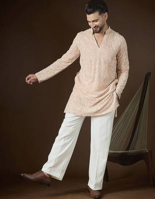 Peach georgette embroidered kurta with trouser set | v-neck ethnic wear for men 1