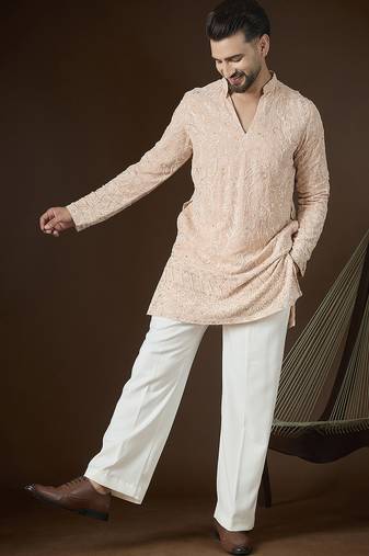 Peach georgette embroidered kurta with trouser set | v-neck ethnic wear for men