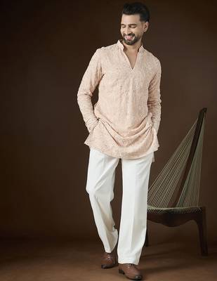 Peach georgette embroidered kurta with trouser set | v-neck ethnic wear for men 2