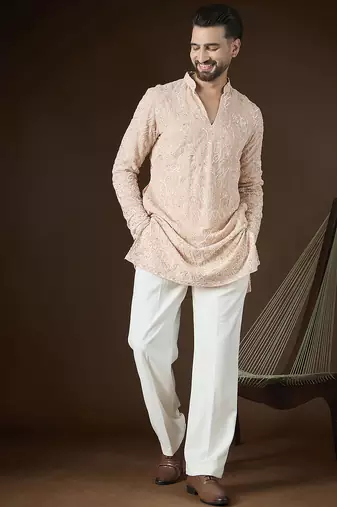 Peach georgette embroidered kurta with trouser set | v-neck ethnic wear for men