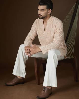 Peach georgette embroidered kurta with trouser set | v-neck ethnic wear for men 3