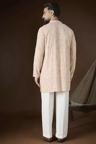 Peach georgette embroidered kurta with trouser set | v-neck ethnic wear for men