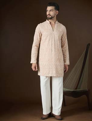 Peach georgette embroidered kurta with trouser set | v-neck ethnic wear for men 5