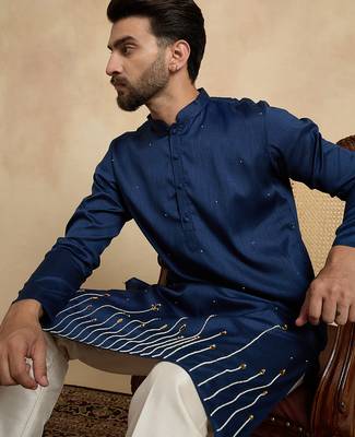 Blue silk blend embroidered kurta with trouser set | mandarin collar ethnic wear for men 1