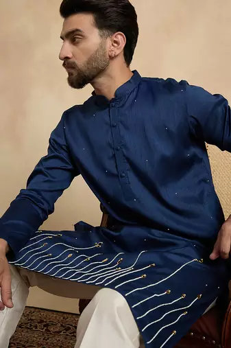 Blue silk blend embroidered kurta with trouser set | mandarin collar ethnic wear for men
