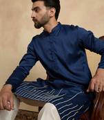 Blue silk blend embroidered kurta with trouser set | mandarin collar ethnic wear for men