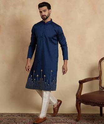 Blue silk blend embroidered kurta with trouser set | mandarin collar ethnic wear for men 2