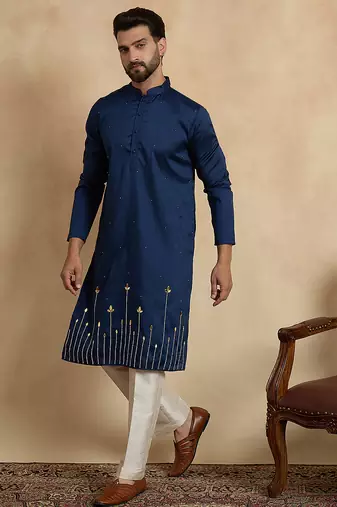 Blue silk blend embroidered kurta with trouser set | mandarin collar ethnic wear for men