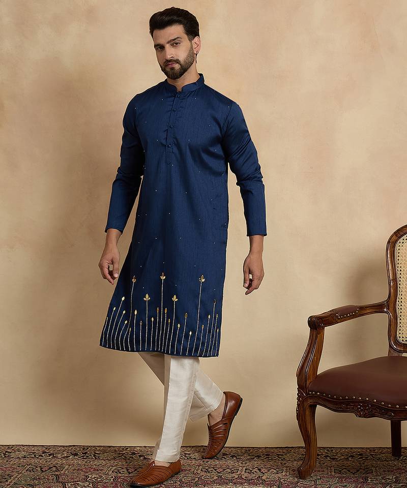 Blue silk blend embroidered kurta with trouser set | mandarin collar ethnic wear for men