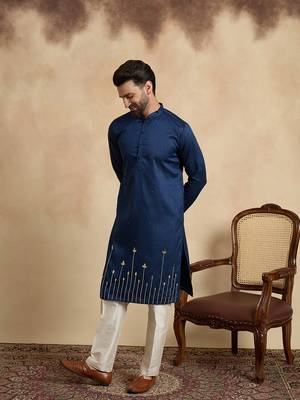 Blue silk blend embroidered kurta with trouser set | mandarin collar ethnic wear for men 3