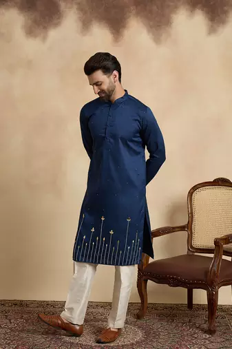 Blue silk blend embroidered kurta with trouser set | mandarin collar ethnic wear for men