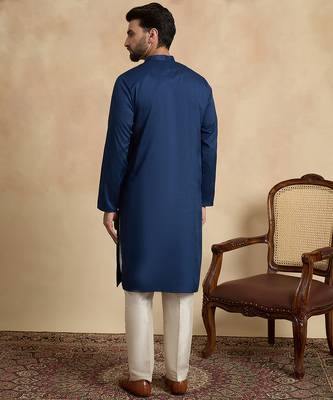 Blue silk blend embroidered kurta with trouser set | mandarin collar ethnic wear for men 4